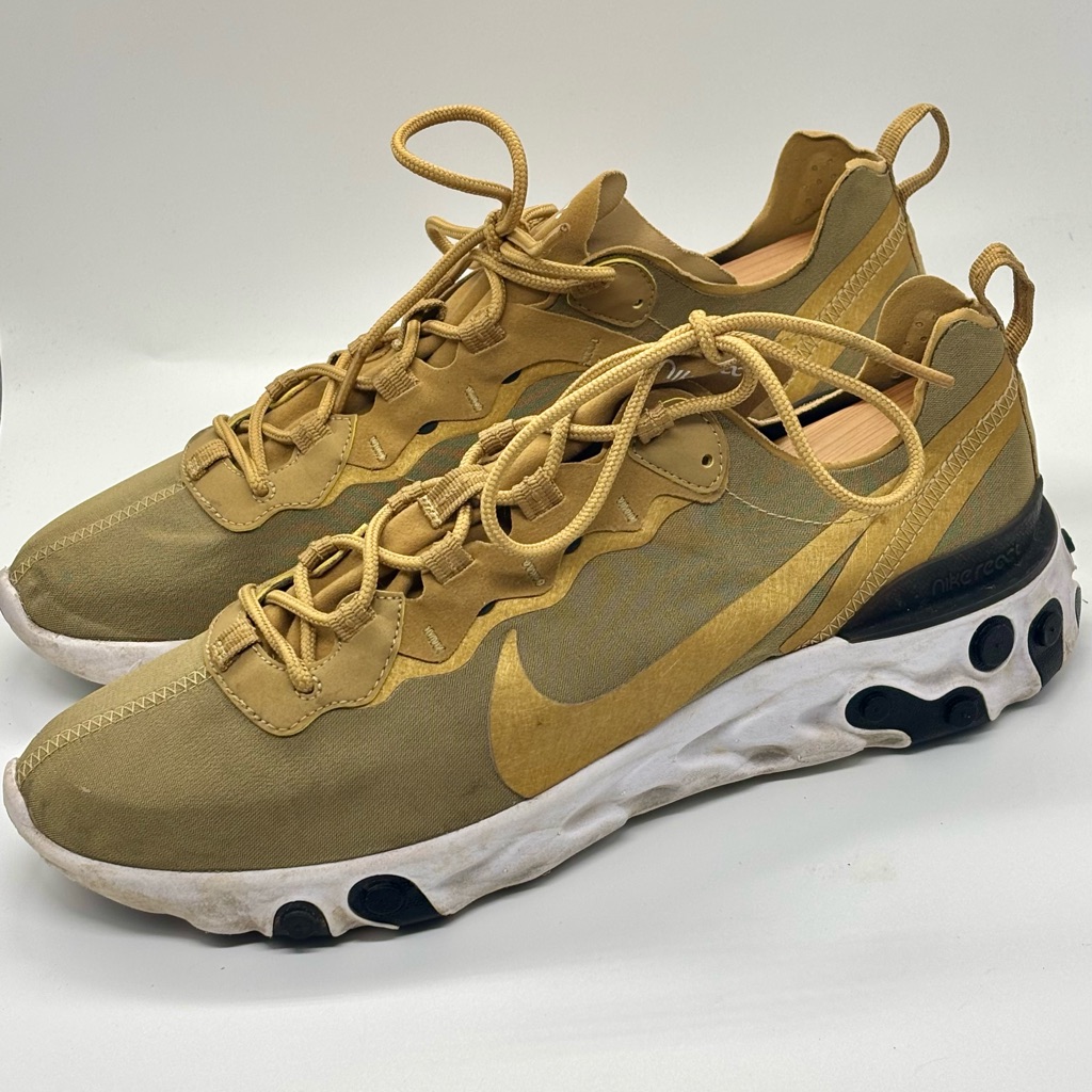 Size 10.5-Nike Men's React Element 55 Metallic Gold Running Shoes Bq6166-700